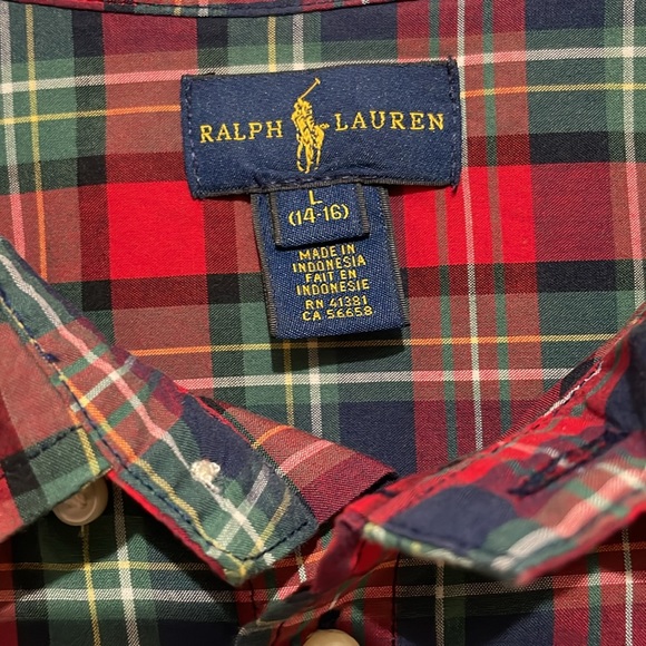 Polo Ralph Lauren Button Up Boys L (14-16) Red Green Plaid Cotton Long Sleeve - Picture 3 of 11